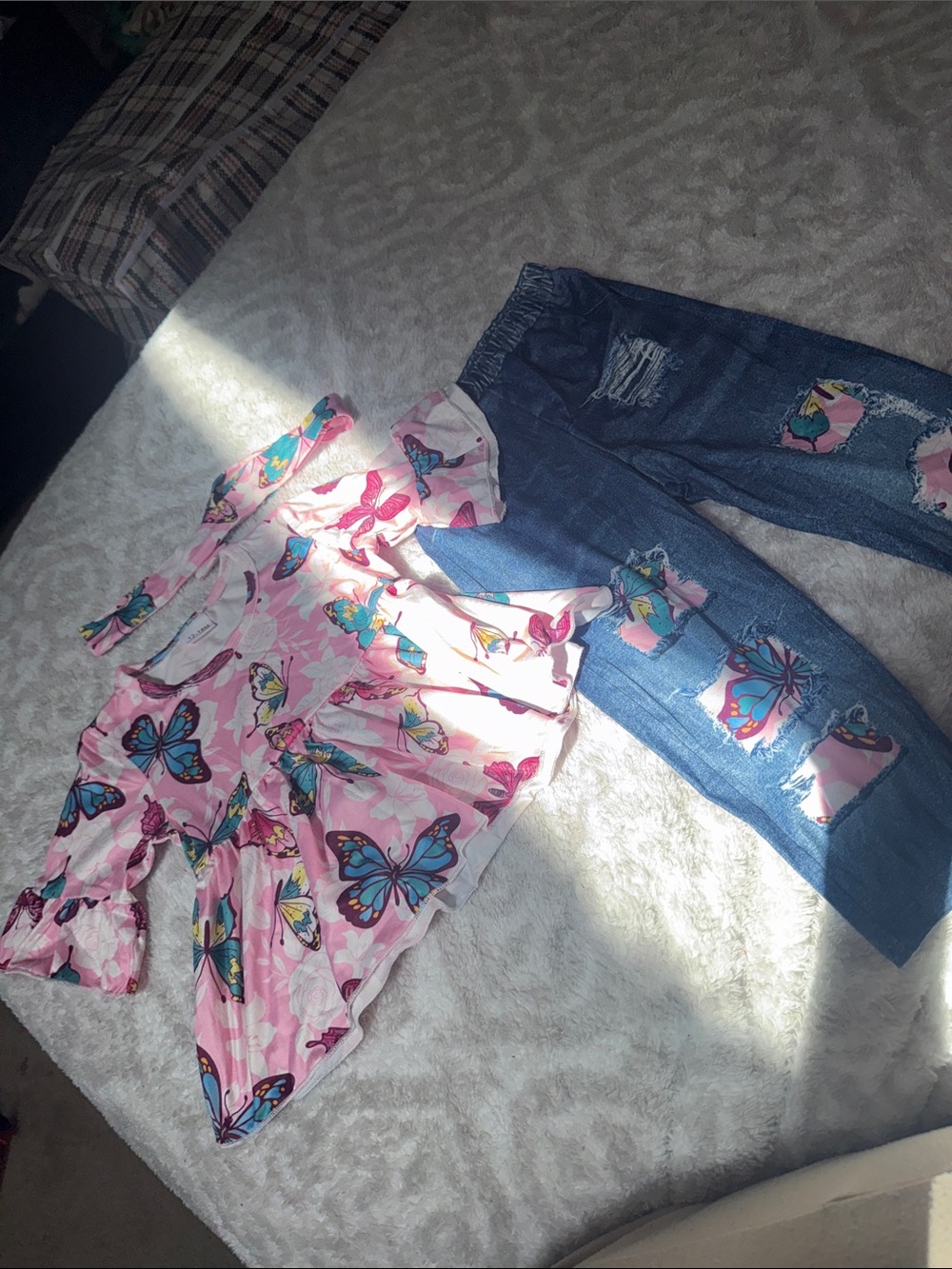 SHEIN Pink Butterfly Top with Blue Patch Denim Jeans